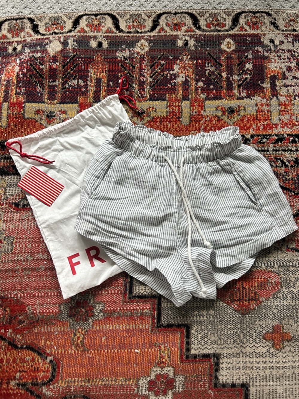 Left On Friday White and Gray Striped Drawstring Athletic Shorts